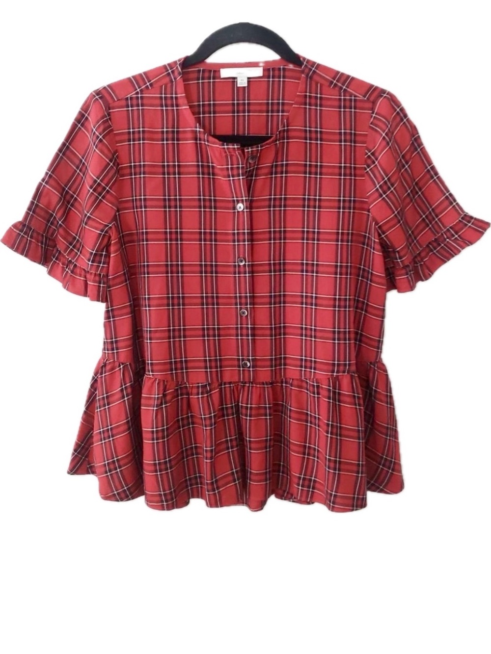 Madewell Studio Ruffle-Hem Peplum Top. SZ. Large. 
Clanton Plaid. EUC